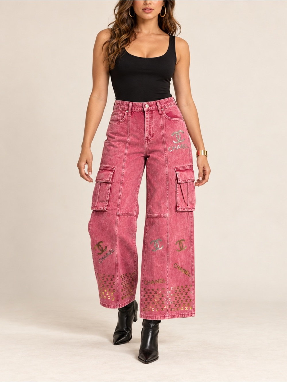 Old Navy Pink Cargo Jeans Petite Custom Metallic Foil Wide Leg NWT